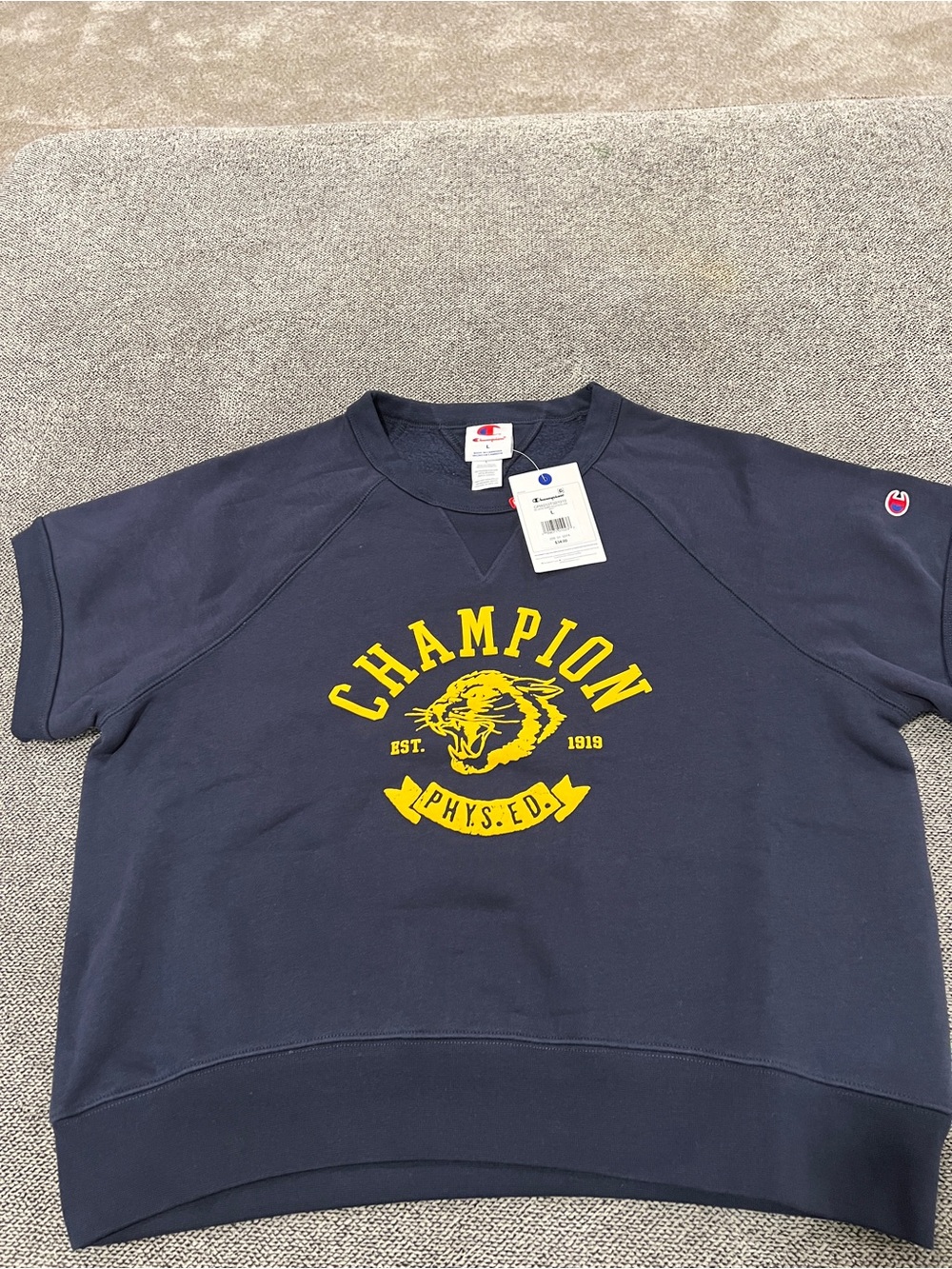 Champion Women’s Navy Crewneck Sweatshirt with Yellow Graphic